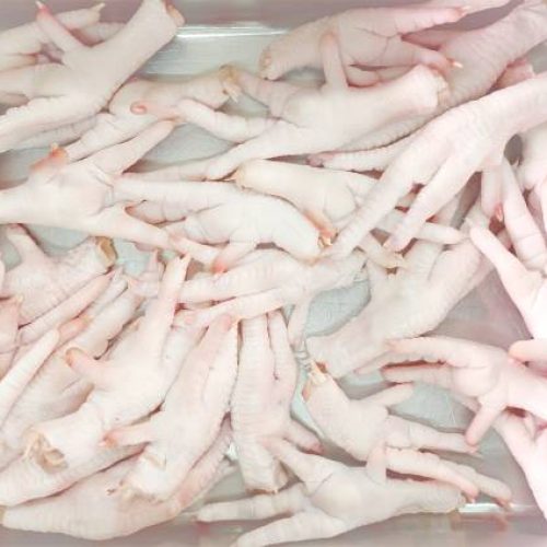 Chicken feet after an outer layer of hard skin is removed,most of the edible tissue on the feet consists of skin and tendons,with no muscle.